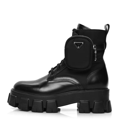 Prada Spazzolato Rois Re-Nylon Metal Triangle Logo Monolith Pouch Pocket 55mm Boots 39.5 Black 1 of 9