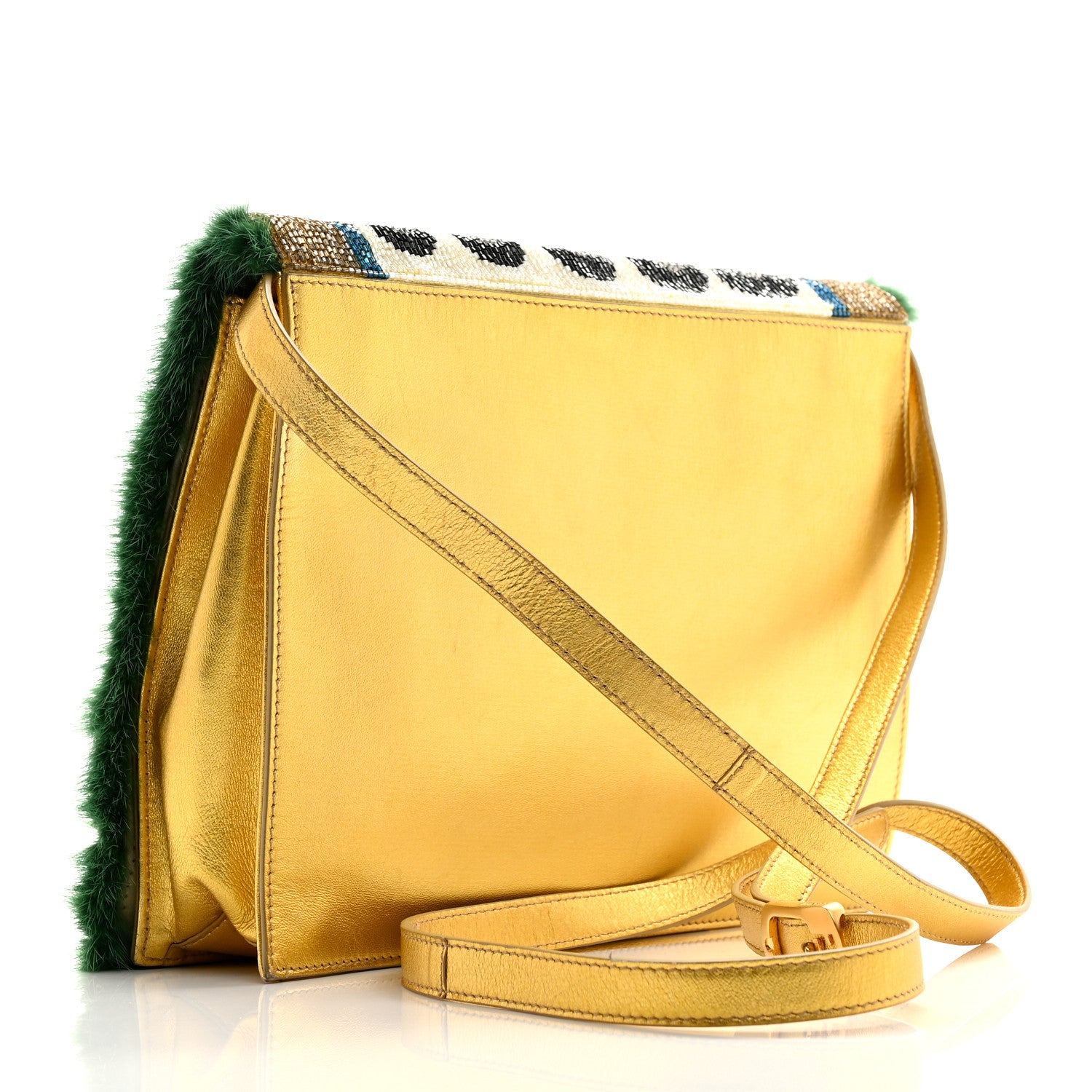 Fendi Metallic Calfskin Beaded Mink Studded Daisy Clutch Gold Multicolor 3 of 10