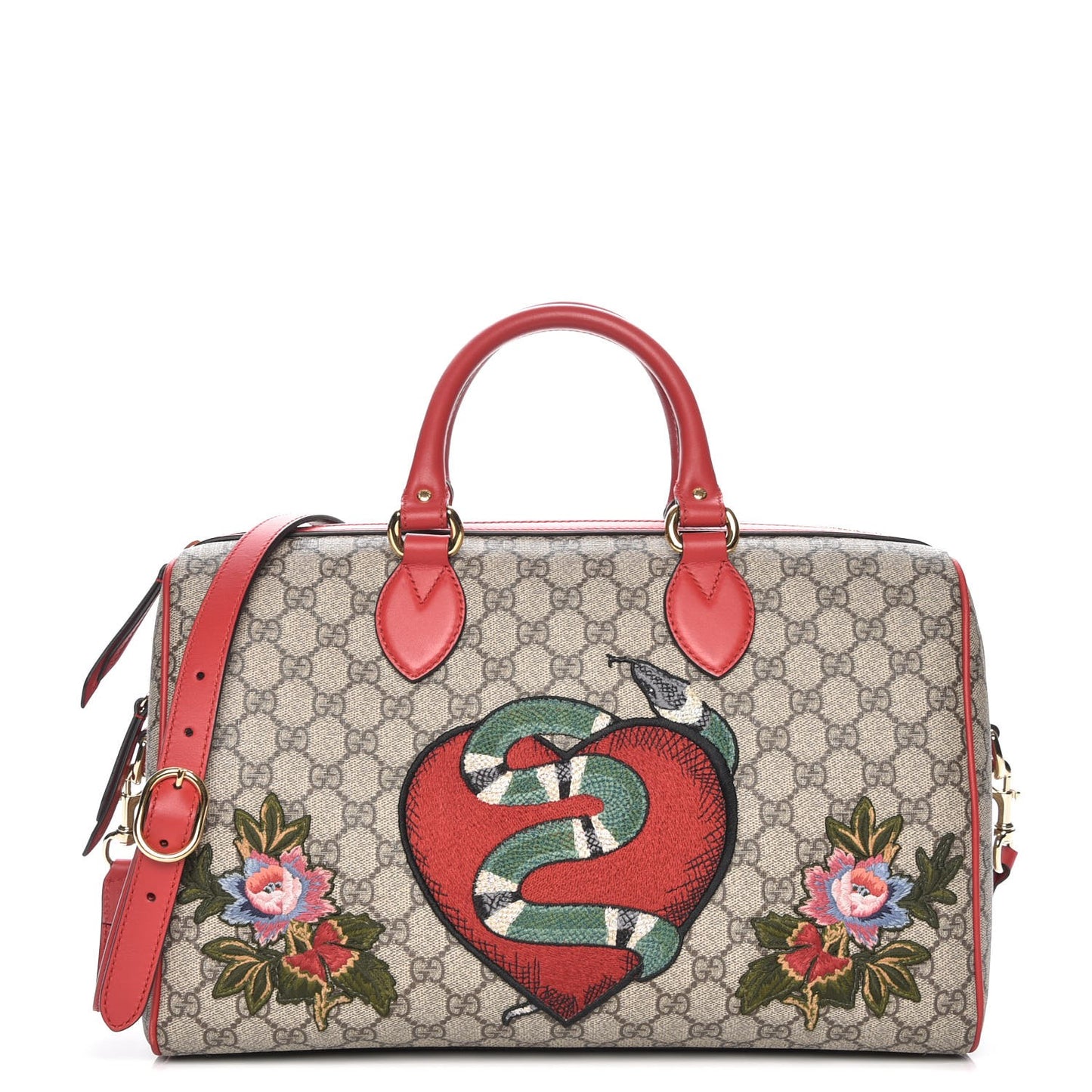 GG Supreme Monogram Kingsnake Heart Embroidered Medium Boston Hibiscus Red
