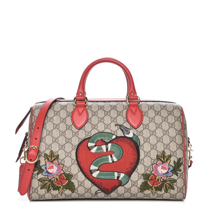 Gucci GG Supreme Monogram Kingsnake Heart Embroidered Medium Boston Hibiscus Red 1 of 11