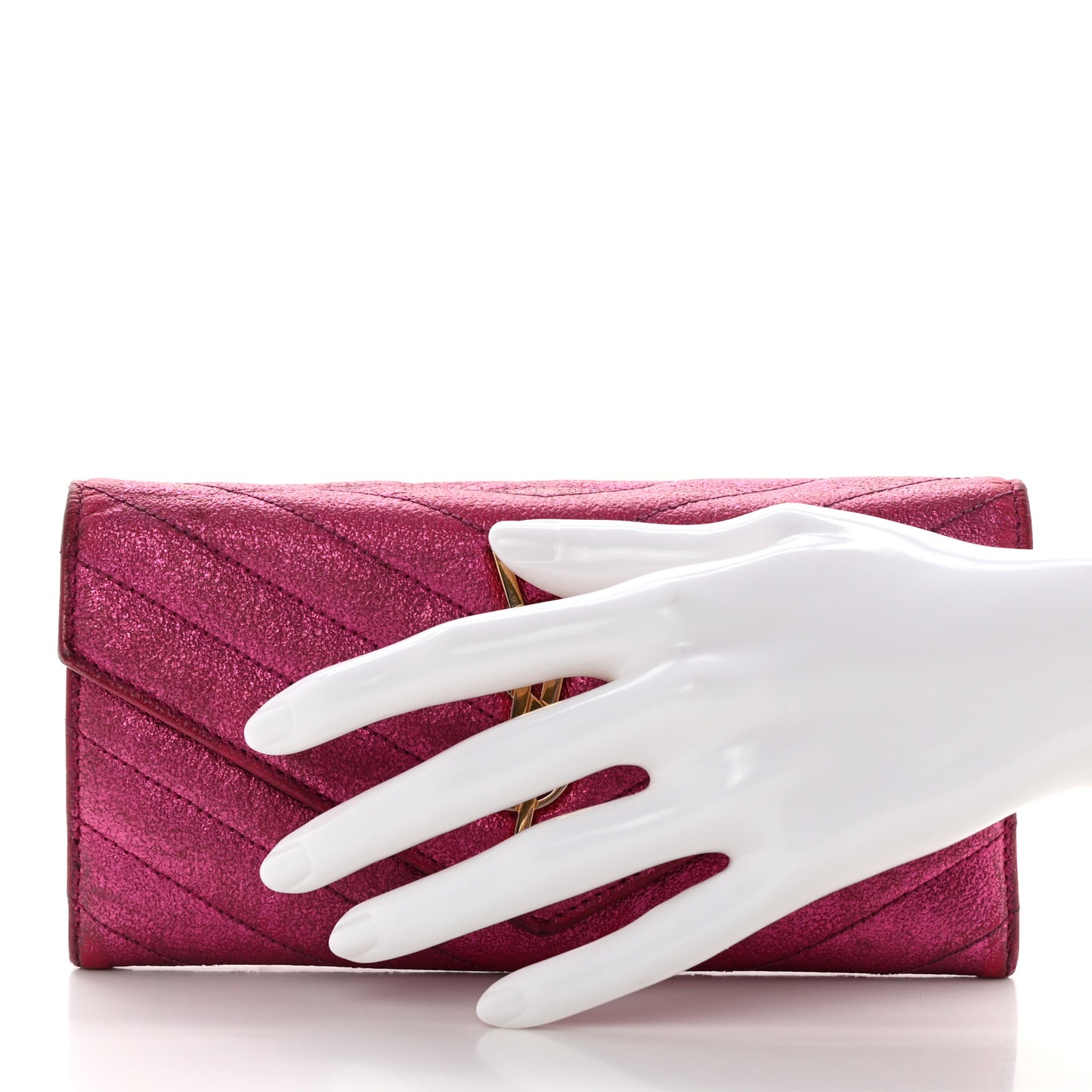 Metallic Crackled Calfskin Matelasse Chevron Monogram Flap Wallet Fuchsia
