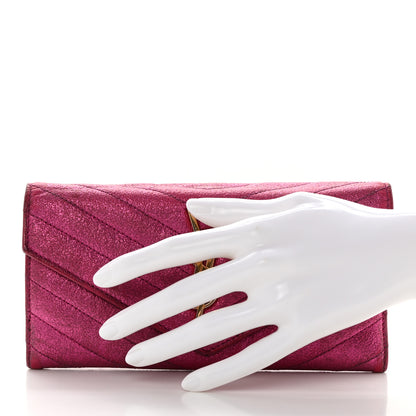 Saint Laurent Metallic Crackled Calfskin Matelasse Chevron Monogram Flap Wallet Fuchsia 2 of 13