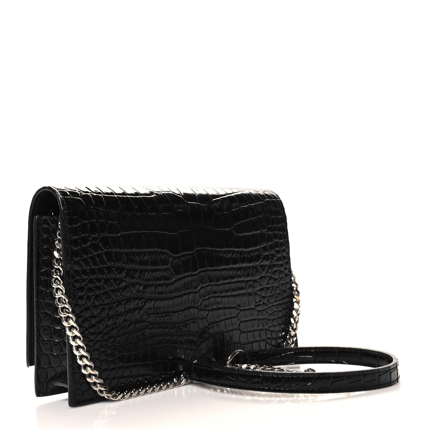 Saint Laurent Calfskin Crocodile Embossed Small Classic Monogram Kate Tassel Satchel Black 3 of 9