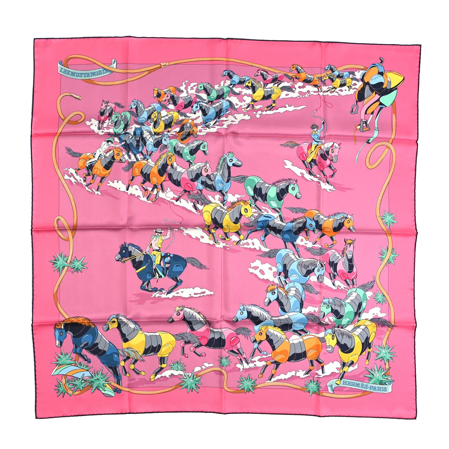 Hermes Silk Les Mustangs Double Face Scarf 90 Rose Vif Bleu Multicolor 1 of 6