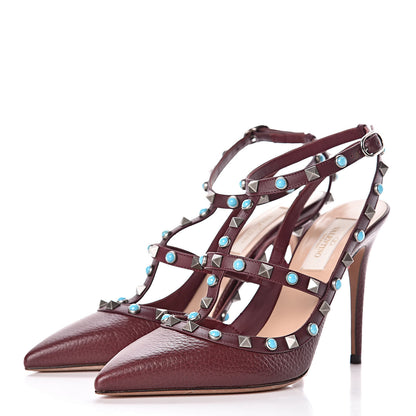 Valentino Garavani Pebbled Calfskin Turquoise Rockstud Rolling Ankle Strap 100mm Pumps 38 Rubin 3 of 12