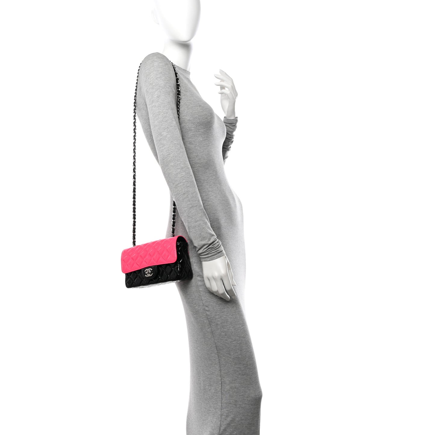 Patent Calfskin Quilted Bi-Color Mini Rectangular Flap Pink Black