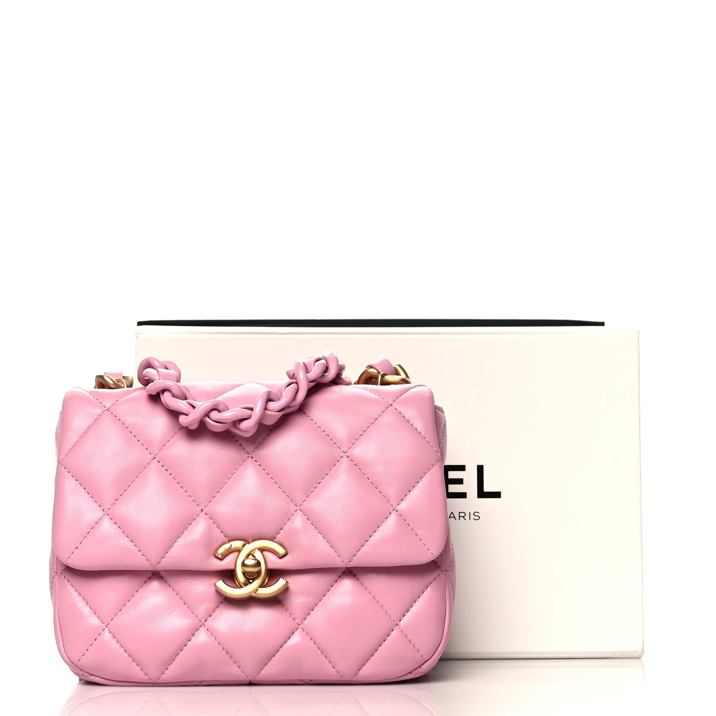 Lambskin Quilted Mini Lacquered Chain Flap Pink