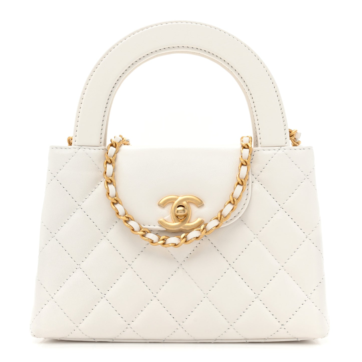 Shiny Aged Calfskin Quilted Nano Kelly Shopper White