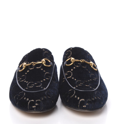 Gucci Velvet GG Monogram Womens Princetown Slippers 36 Blue Beige 2 of 11