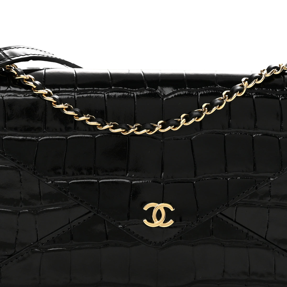 Chanel Calfskin Crocodile Embossed Envelope Clutch With Strap Black 8 of 12