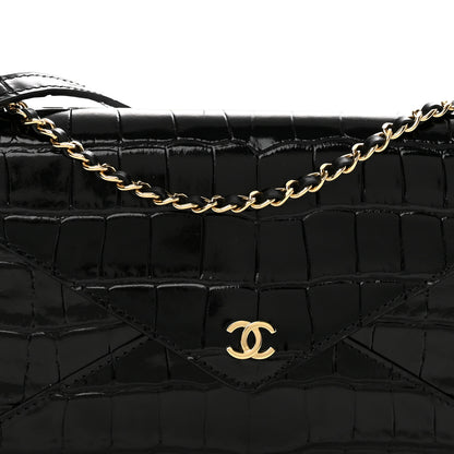 Chanel Calfskin Crocodile Embossed Envelope Clutch With Strap Black 8 of 12