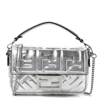 Fendi Vitello Catalan Mirror FF 1974 Embossed Mini Baguette Argento 1 of 10