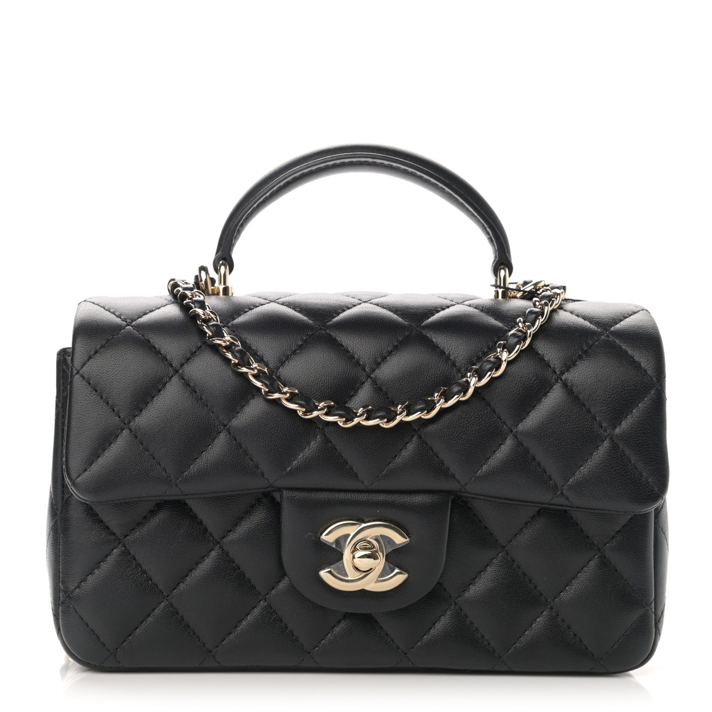 Lambskin Quilted Mini Top Handle Rectangular Flap Black
