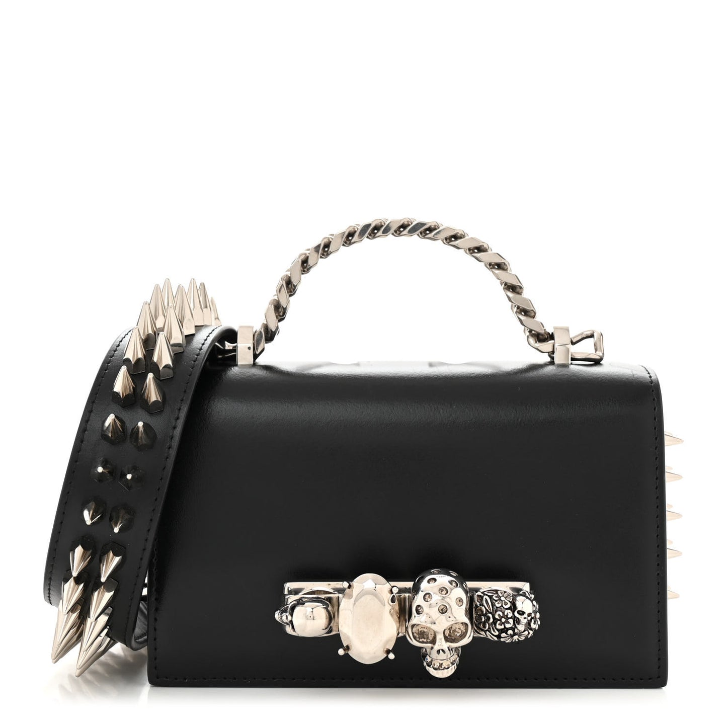Calfskin Studded Jeweled Mini The Biker Knuckle Satchel Black