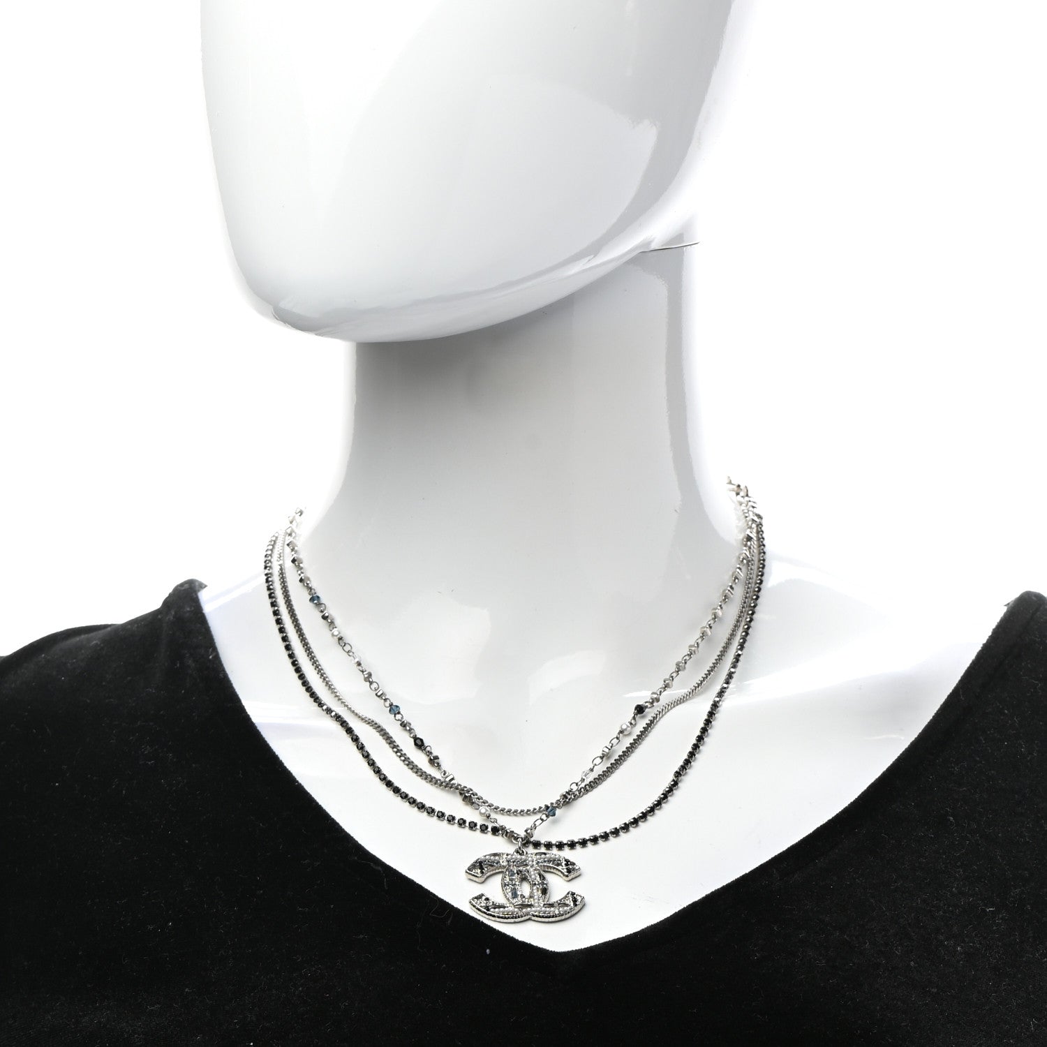 Chanel Crystal Pearl Tweed Effect Multi Strand CC Short Necklace Silver Blue Black 2 of 7