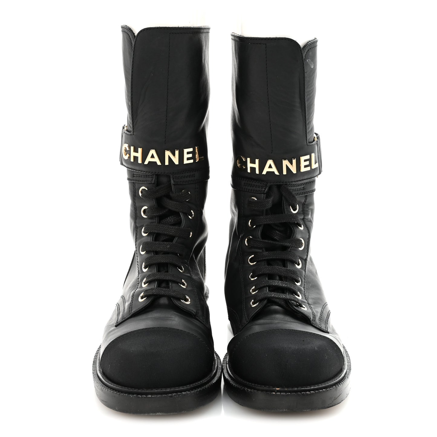 Shiny Calfskin Lace Up Combat Boots 37 Black