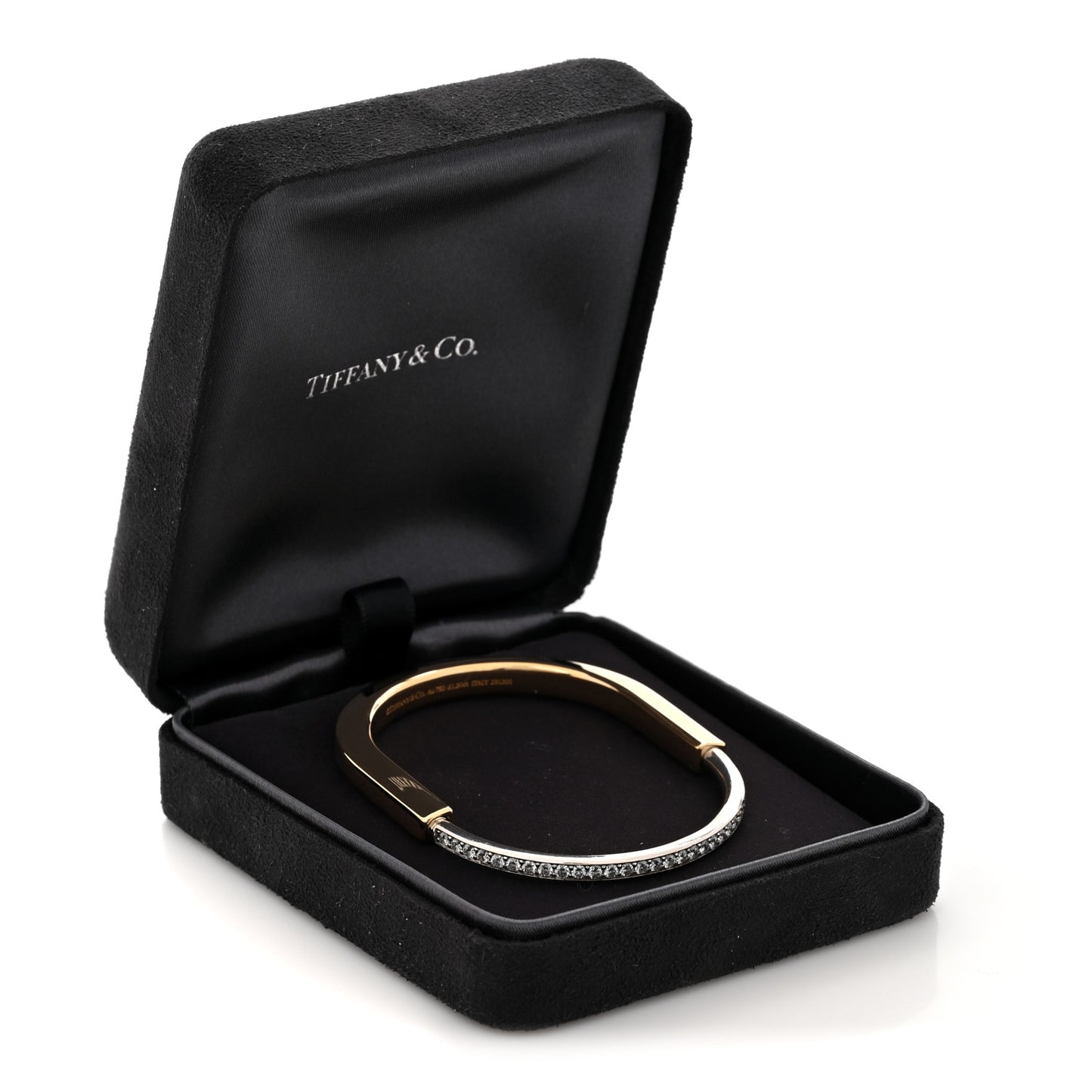 18K Yellow White Gold Diamond Tiffany Lock Half Pave Bangle Bracelet