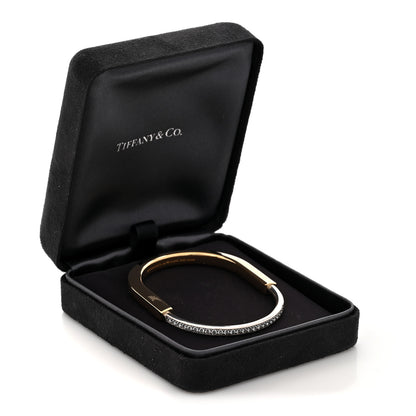 Tiffany 18K Yellow White Gold Diamond Tiffany Lock Half Pave Bangle Bracelet 6 of 6
