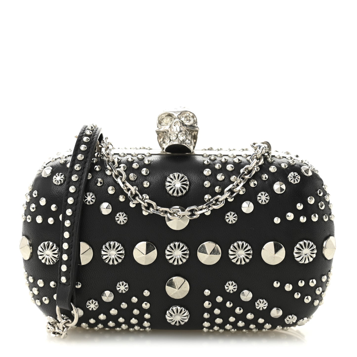 Calfskin Studded Britannia Skull Chain Clutch Black
