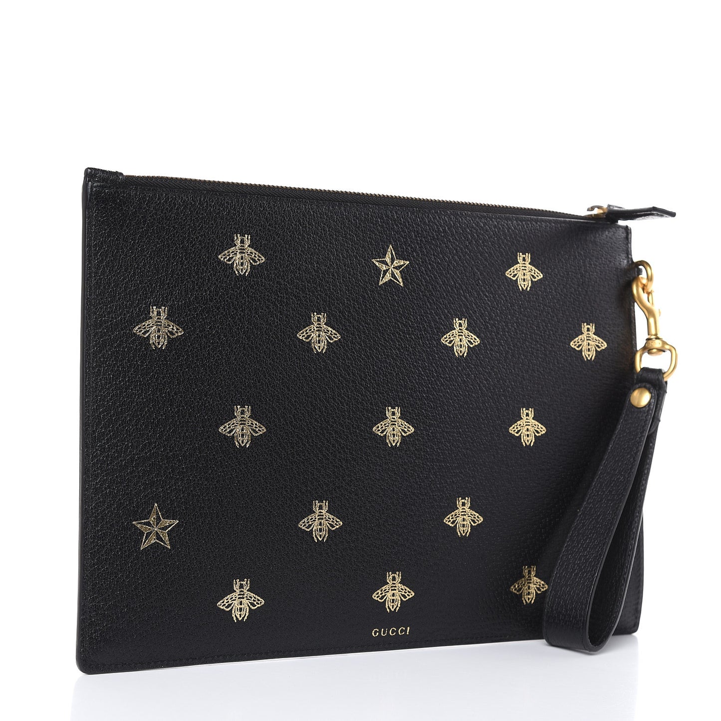 Dollar Calfskin Boar Effect Bee Star Zip Wristlet Pouch Black