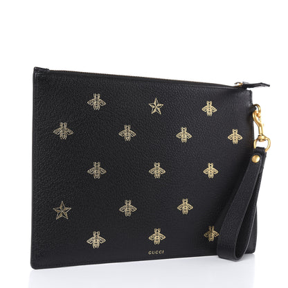 Gucci Dollar Calfskin Boar Effect Bee Star Zip Wristlet Pouch Black 3 of 8