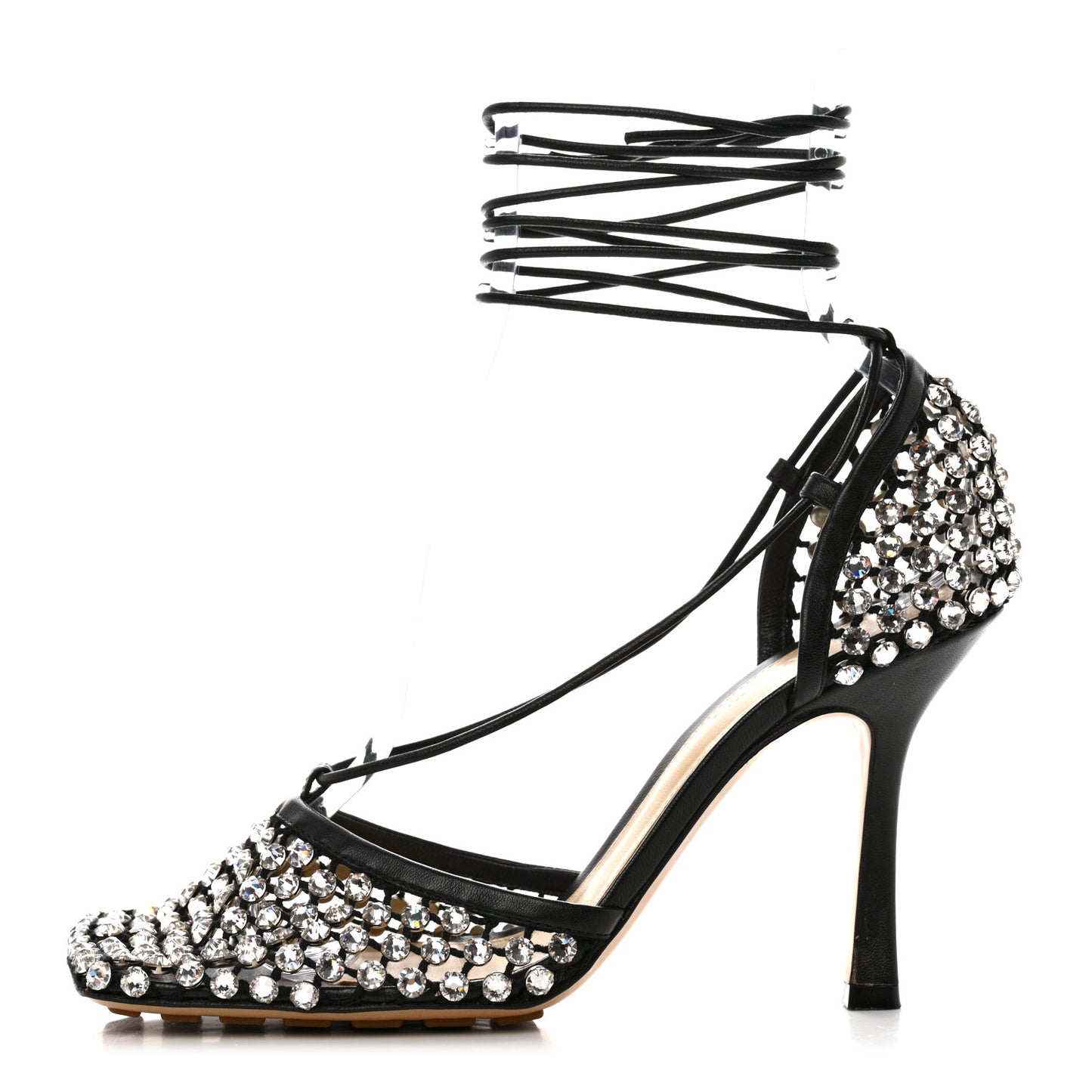 Mesh Nappa Crystal Embellished Sparkle Stretch Ankle Tie Sandals 39 Black