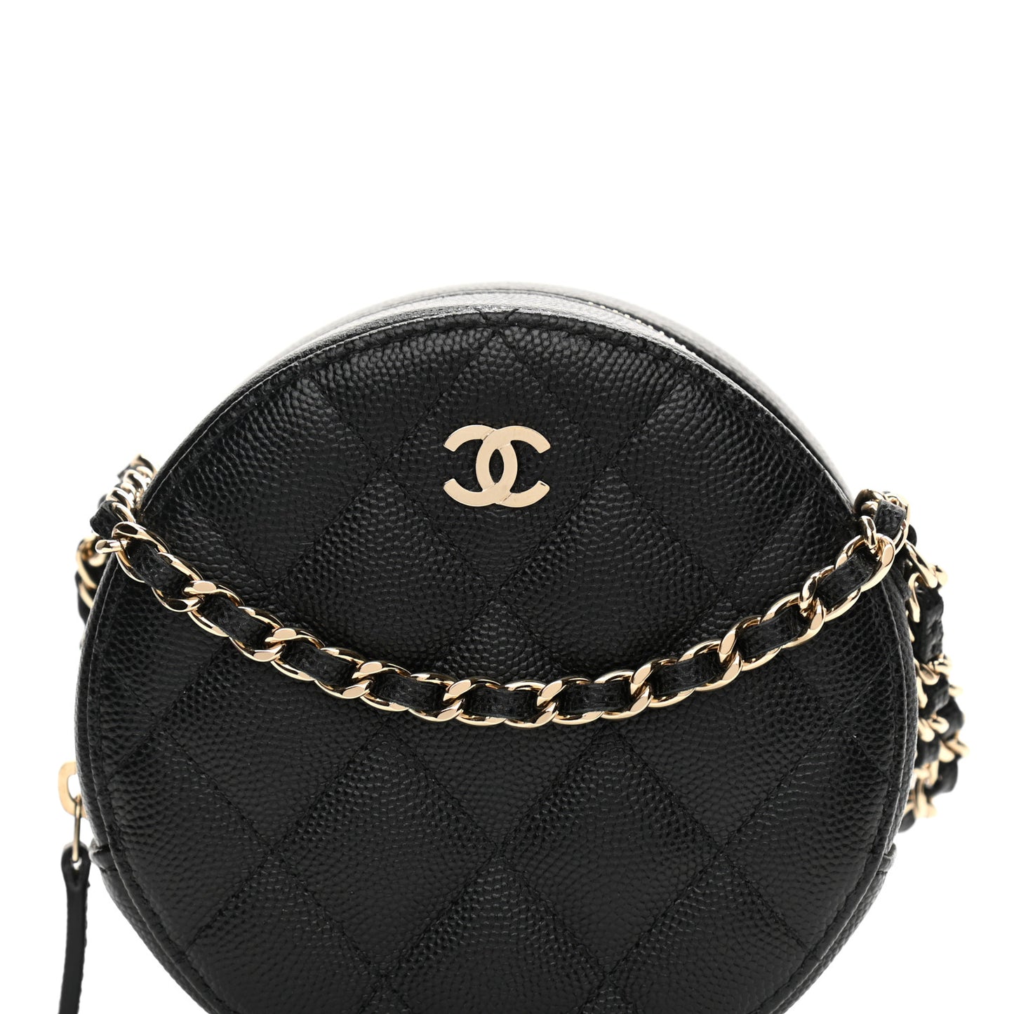 Caviar Quilted Round Clutch With Chain Black