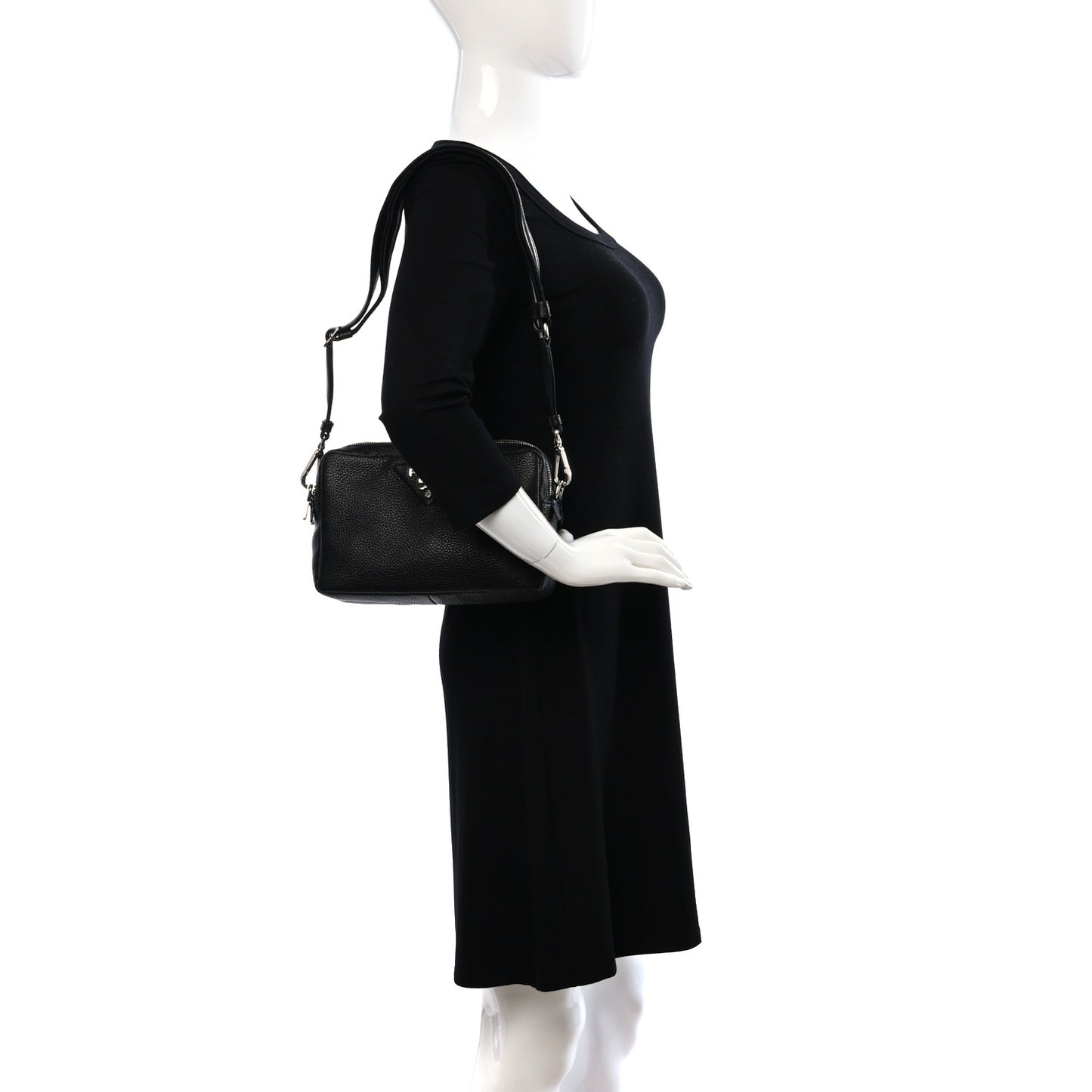 Vitello Daino Soft Medium Double Zip Shoulder Bag Black