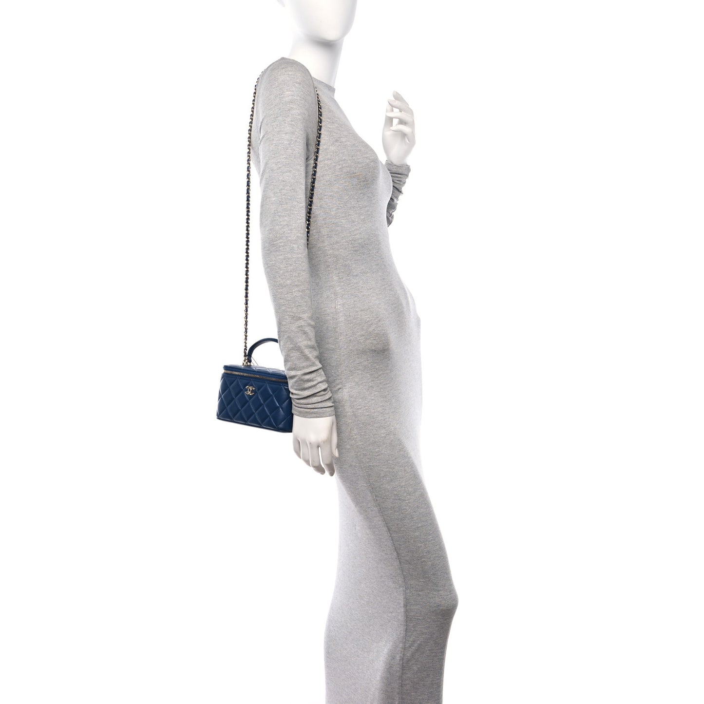 Lambskin Quilted Small Top Handle Vanity Case With Chain Dark Blue