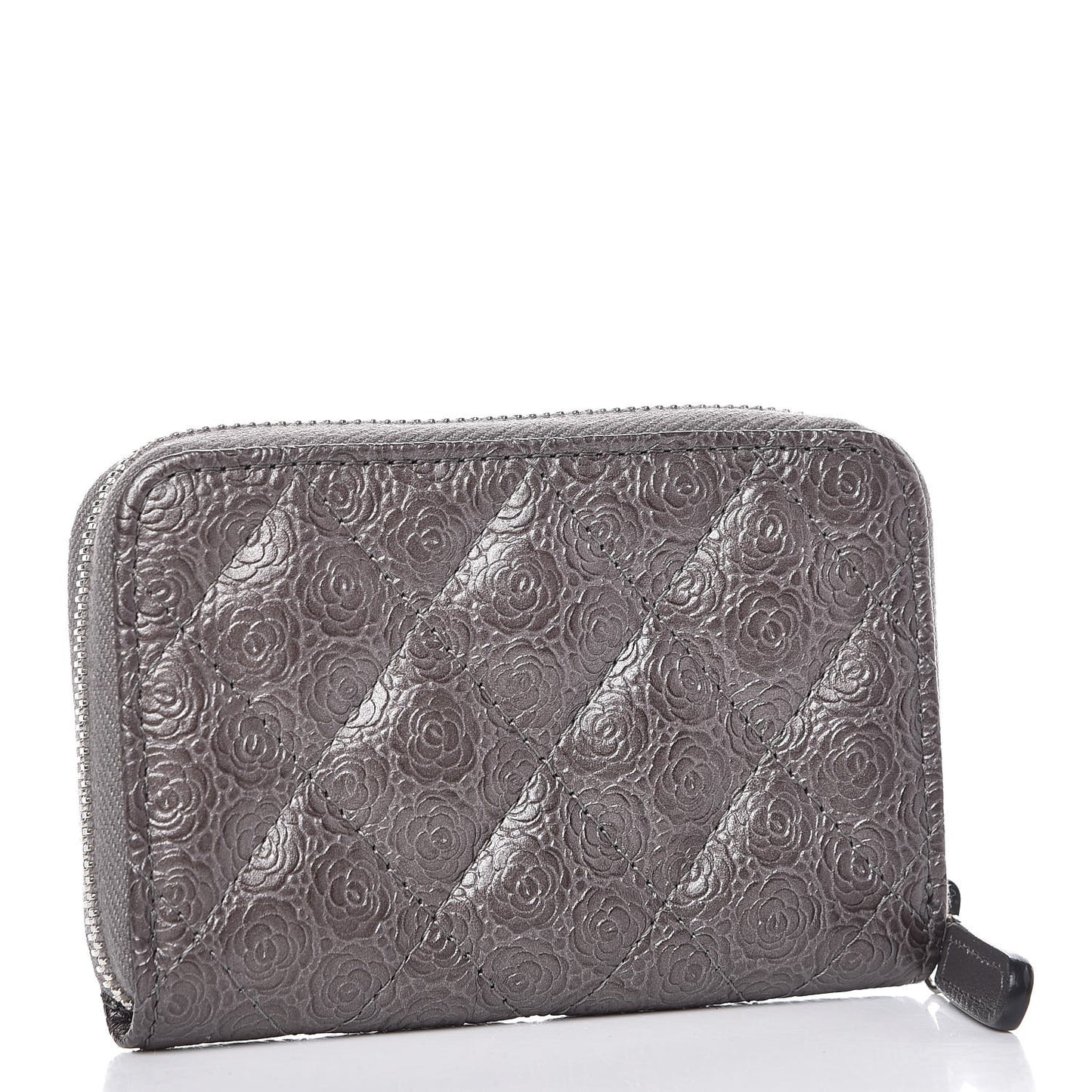 Metallic Calfskin Camellia Embossed Zip Coin Purse Grey