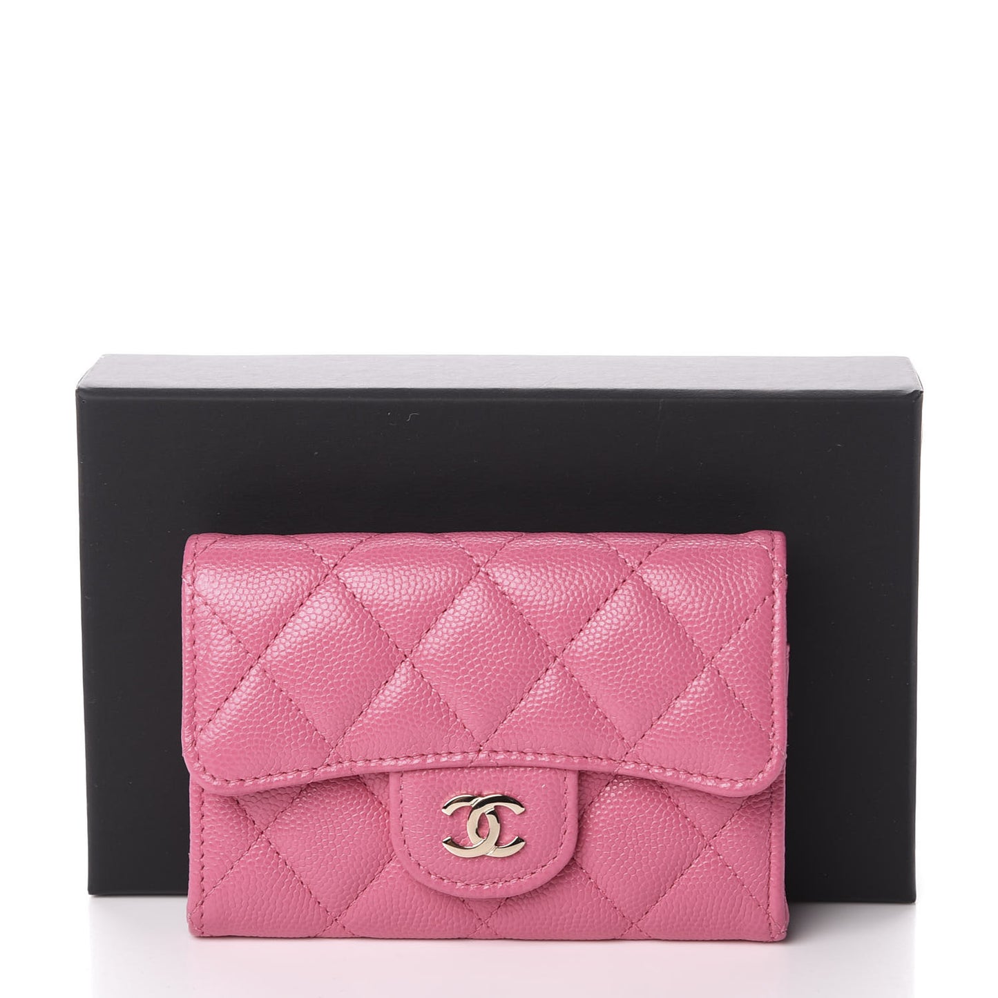 Caviar Quilted Flap Card Holder Wallet Pink