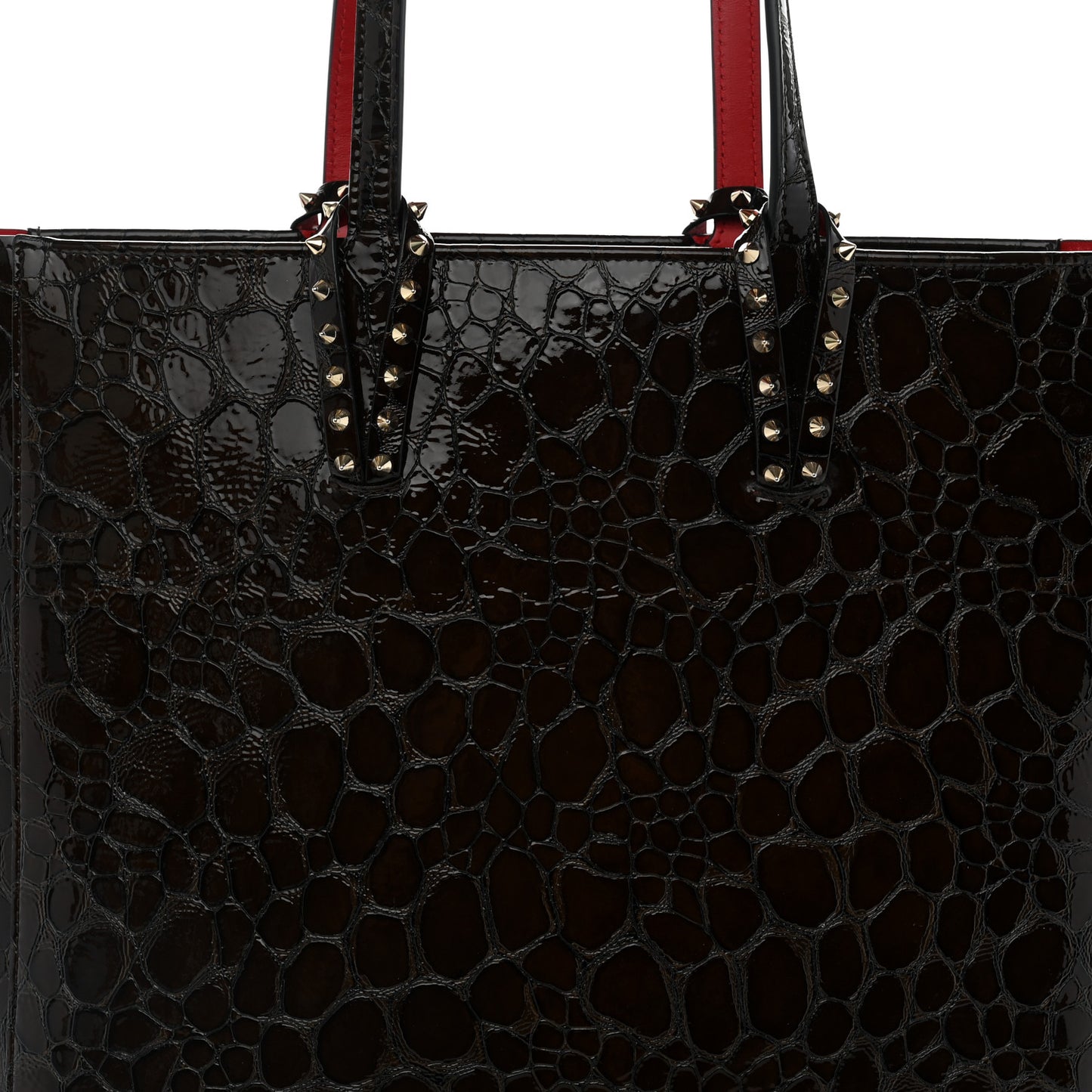Patent Calfskin Crocodile Embossed Spikes Zipped Cabata Tote Brown