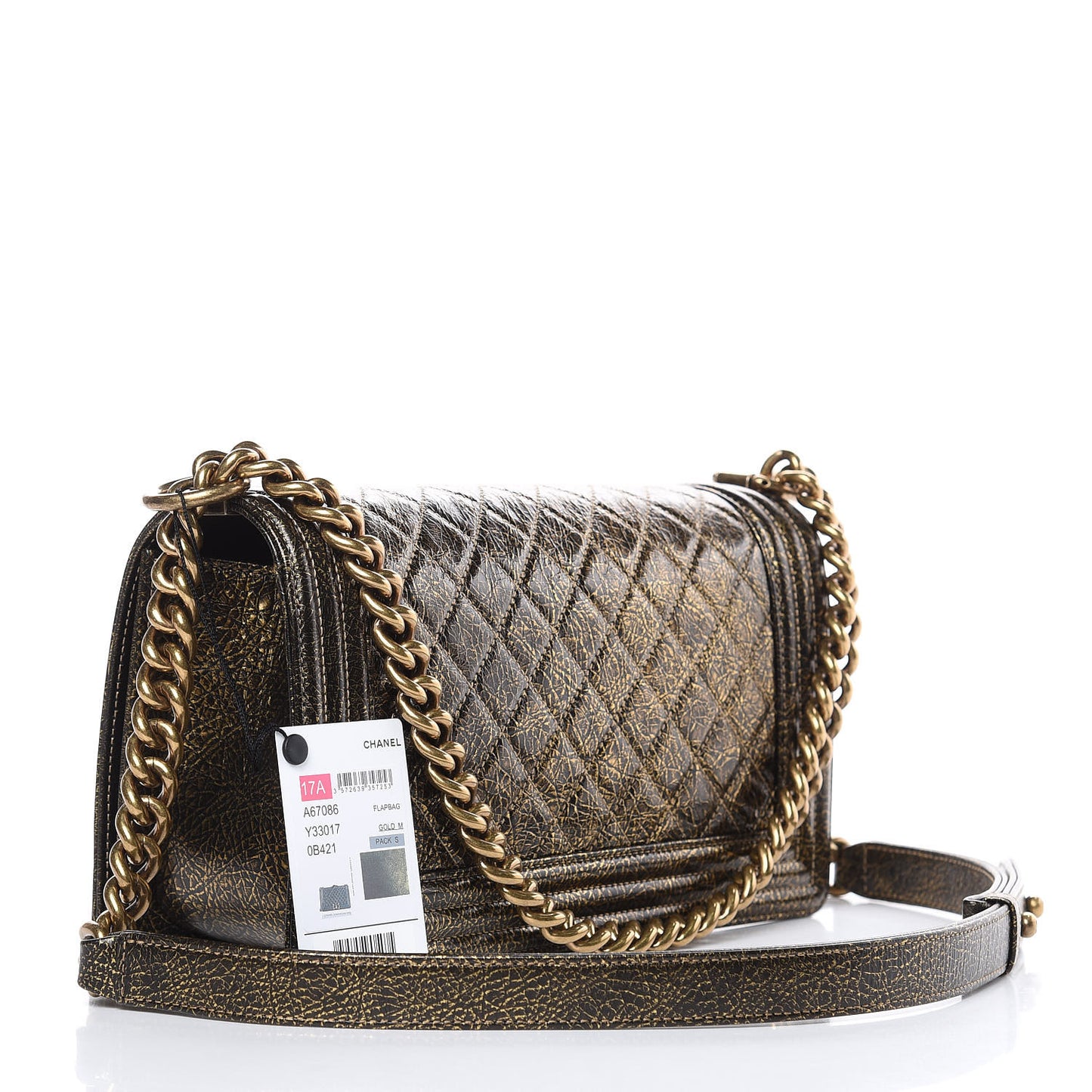 Cracked Metallic Calfskin Quilted Medium Boy Flap Gold