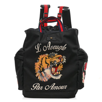 Gucci Techno Canvas Web L'Aveugle Par Amour Embroidered Double Buckle Backpack Black 1 of 11