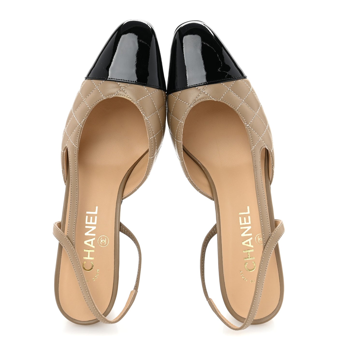 Lambskin Patent Calfskin Quilted Cap Toe CC Slingback Pumps 40 Beige Black