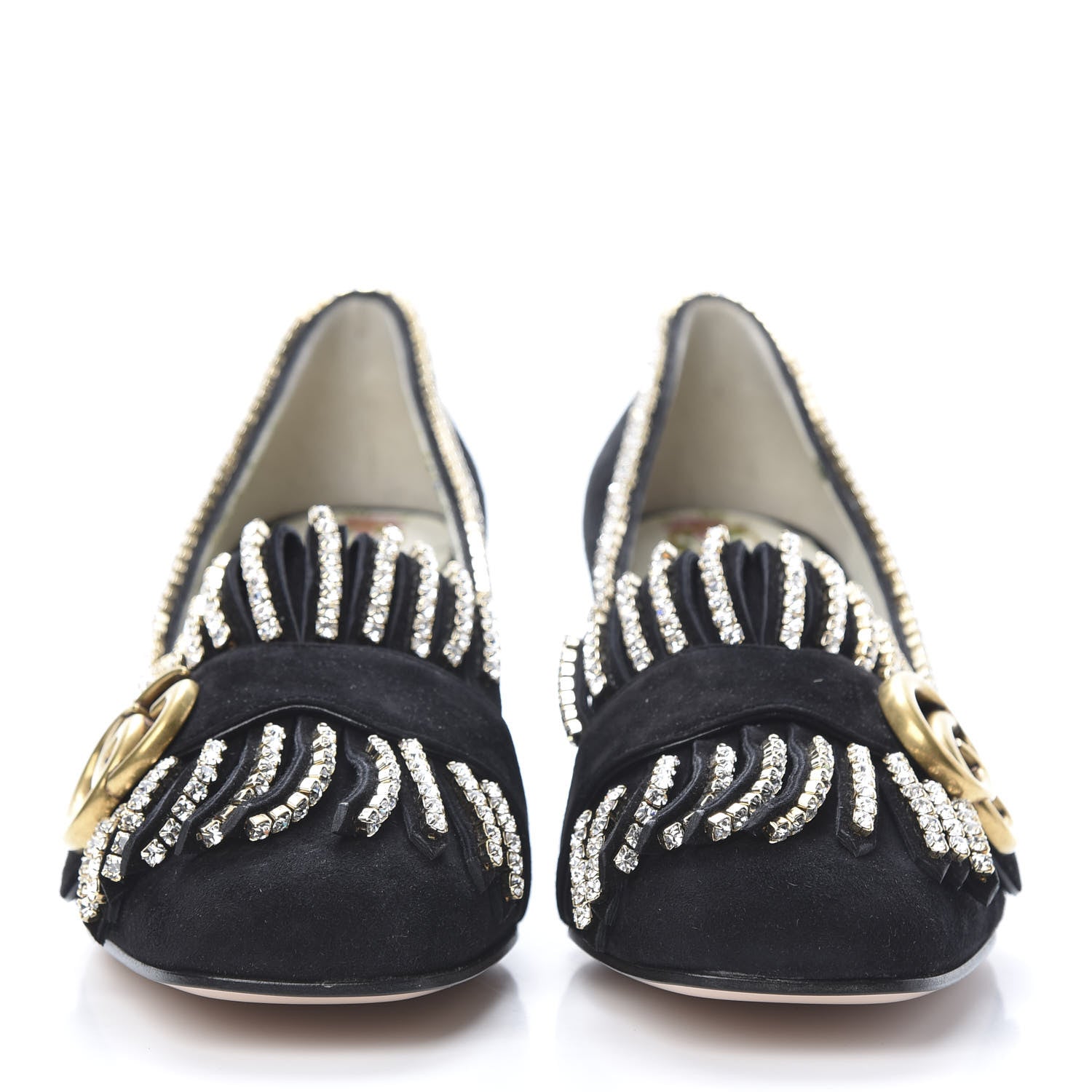 Gucci Kid Scamosciato Crystal GG Marmont Fringe 50mm Loafer Pumps 35.5 Black 2 of 9