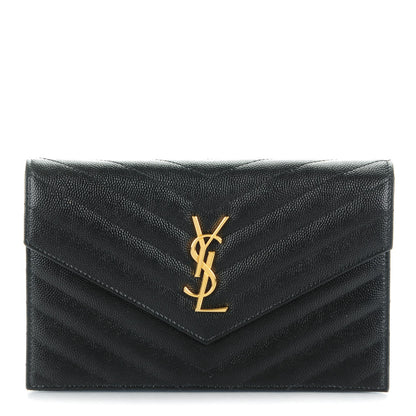 Saint Laurent Grain De Poudre Matelasse Chevron Monogram Envelope Chain Wallet Black 1 of 8