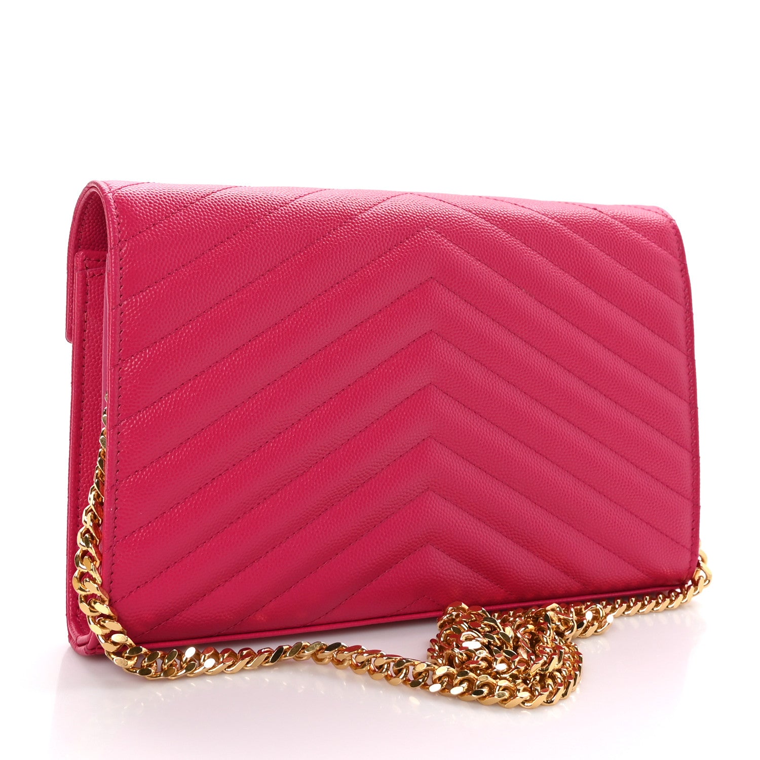 Saint Laurent Grain De Poudre Matelasse Chevron Monogram Chain Wallet Lipstick Fuchsia 3 of 10