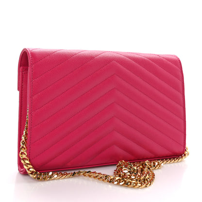 Saint Laurent Grain De Poudre Matelasse Chevron Monogram Chain Wallet Lipstick Fuchsia 3 of 10