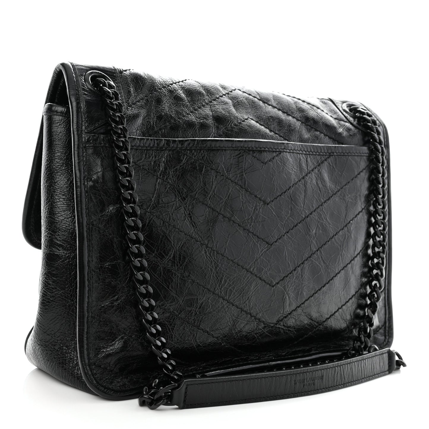 Crinkled Calfskin Matelasse Monogram Medium Niki Chain Satchel Black