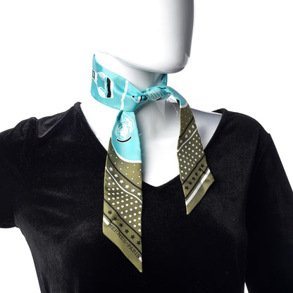 Hermes Silk Les Flacons Bandana Twilly Kaki Turquoise Blanc 2 of 4