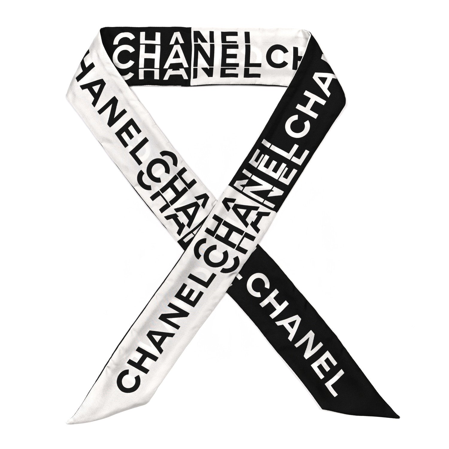 Chanel Silk Logo Slim Bandeau Scarf Black White 1 of 3