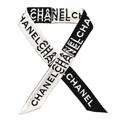 Chanel Silk Logo Slim Bandeau Scarf Black White 1 of 3