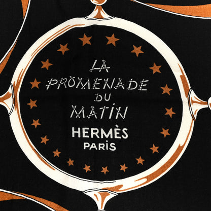 Hermes Cashmere Silk La Promenade du Matin Bandana Shawl 140 Black Noisette Gold 2 of 5