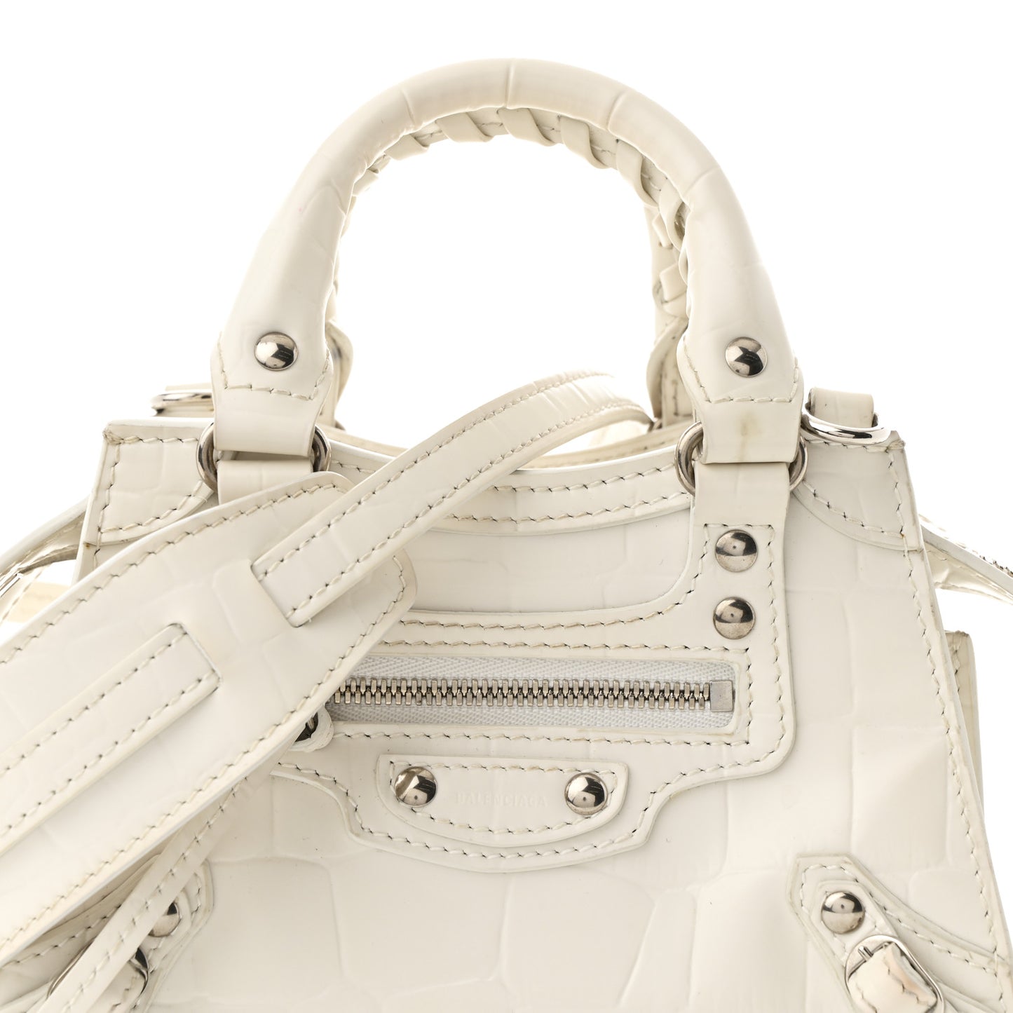 Semi Shiny Calfskin Crocodile Embossed Neo Classic Silver Hardware Nano City Crossbody White