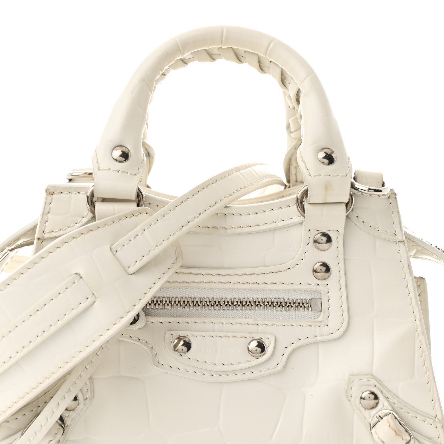 Balenciaga Semi Shiny Calfskin Crocodile Embossed Neo Classic Silver Hardware Nano City Crossbody White 8 of 13
