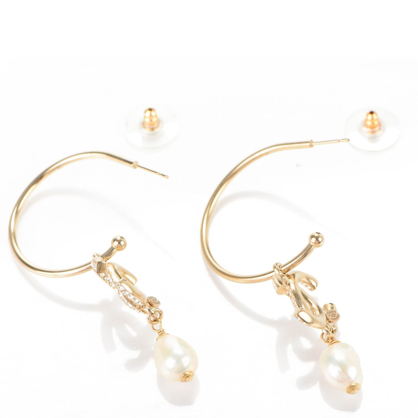 Crystal Pearl CC Hoop Earrings Gold