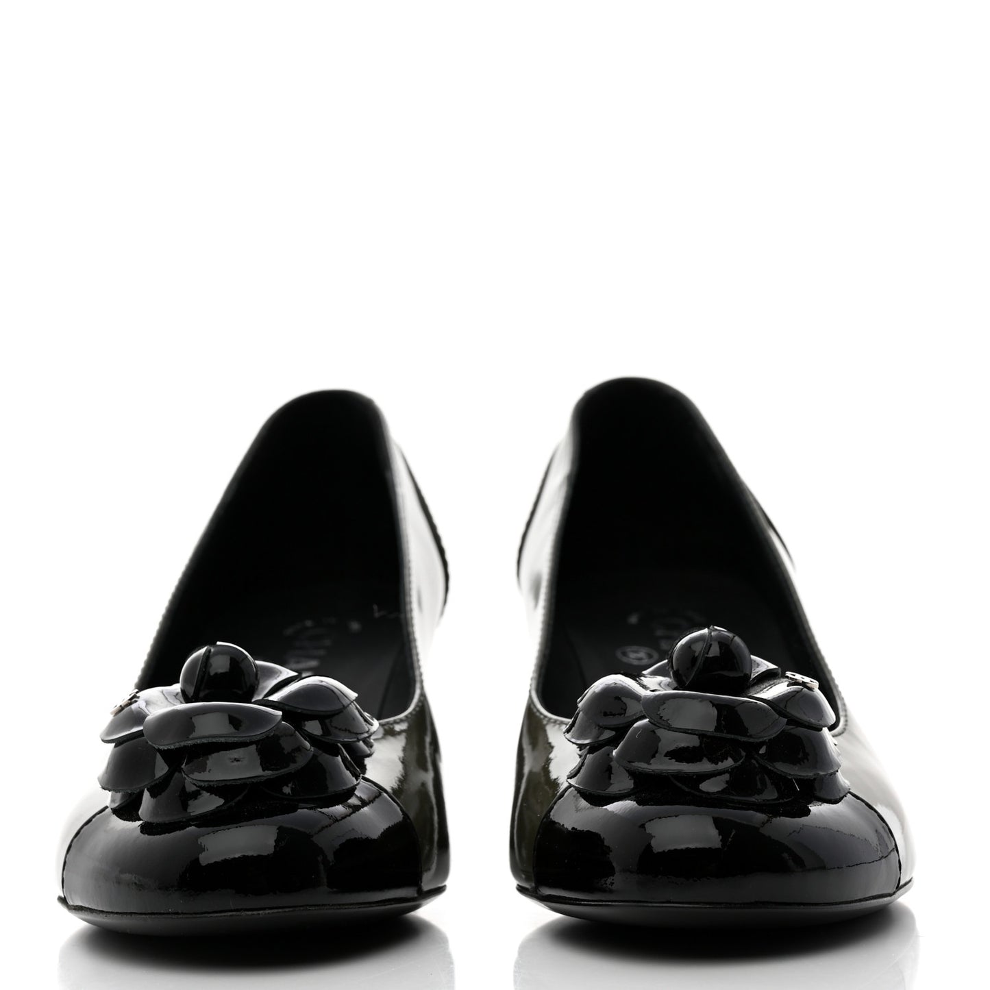 Patent Calfskin Camellia CC Cap Toe Pumps 36.5 Green Black