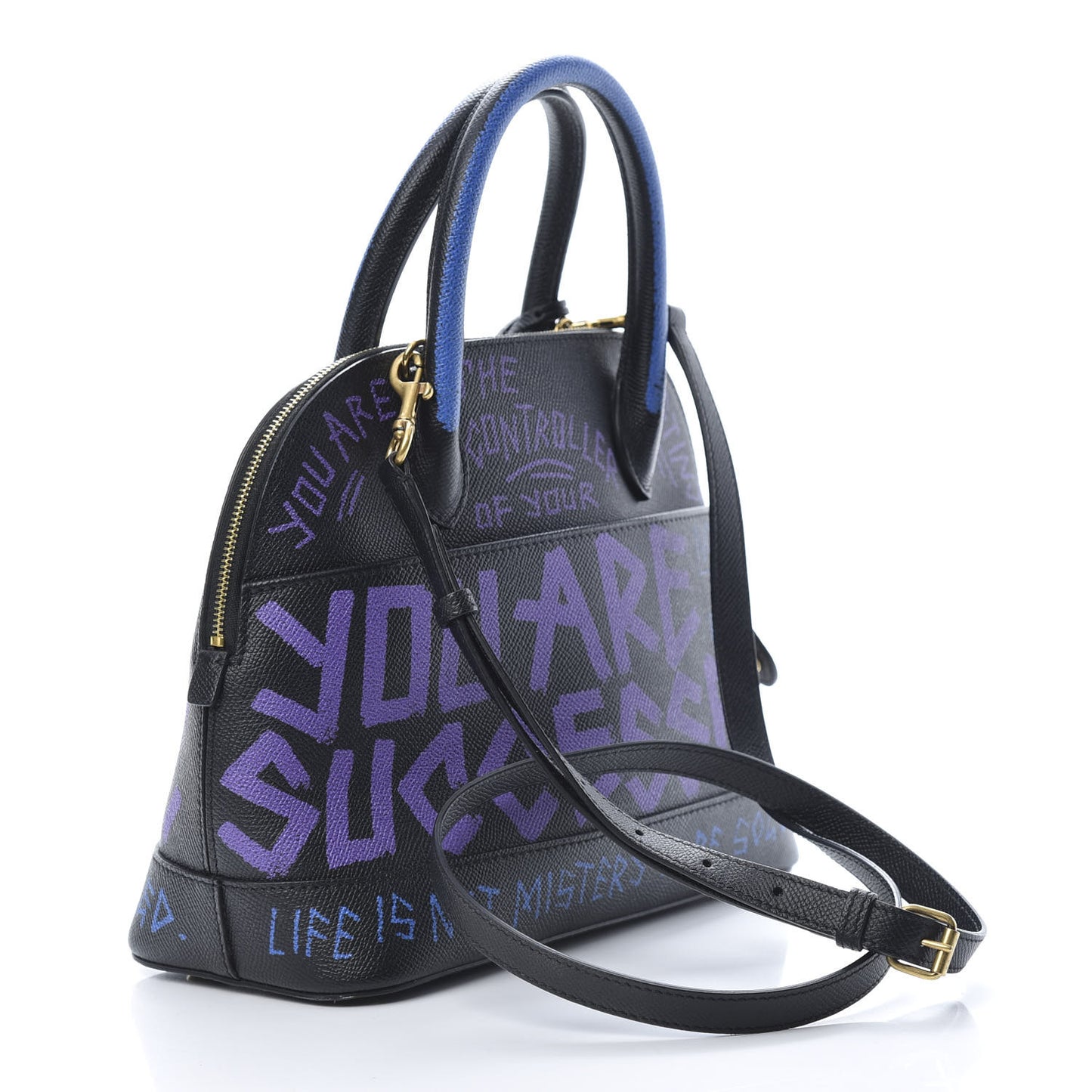 Grained Calfskin Print Graffiti S Ville Top Handle Bag Black Bleu Violet