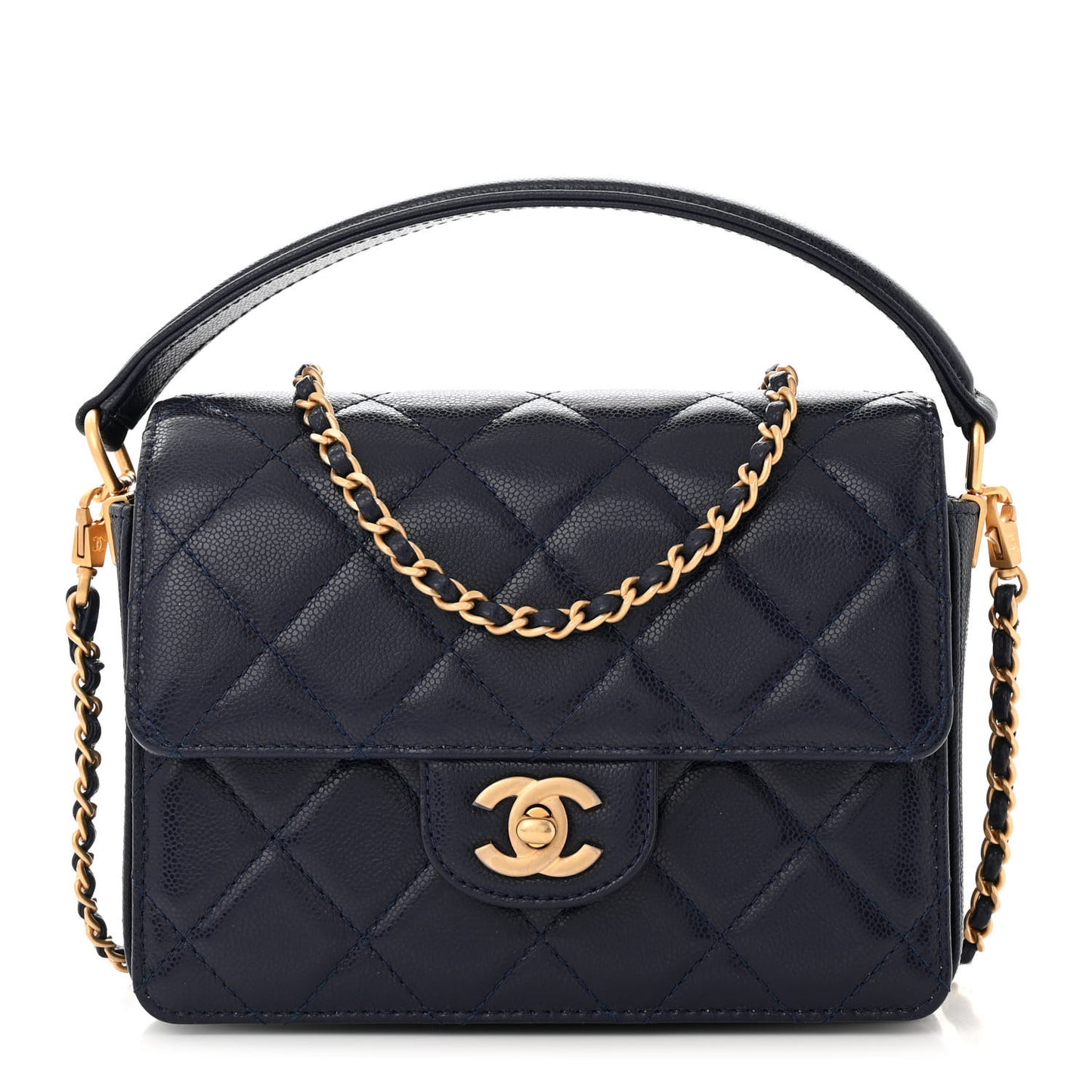 Shiny Caviar Quilted Mini Top Handle Flap Navy Blue